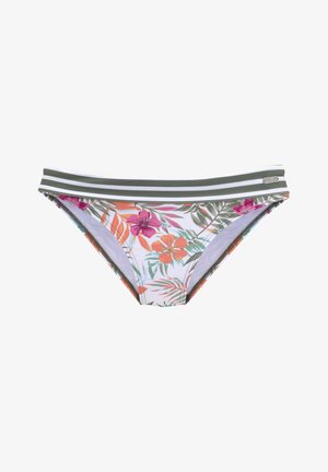 Parte inferior de bikini floral con base blanca, que presenta vibrantes patrones en tonos rosa, naranja y verde. Accentuada con una cinturilla a rayas verdes y blancas.