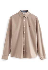 Gestreiftes Hemd mit Knöpfen in Beige und Hellbraun. Verfügt über einen Kragen, lange Ärmel und ein kleines, gesticktes Logo auf der Brust.