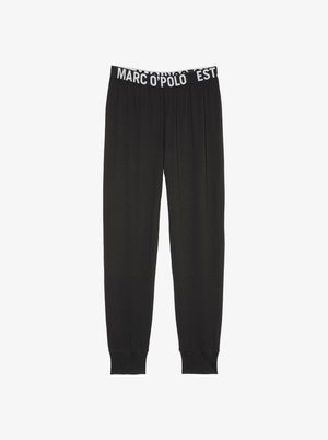 Czarne spodnie dresowe z elastycznym, białym pasem z logo, zwężanymi nogawkami oraz miękką teksturą. Zaprojektowane z myślą o komforcie i codziennym noszeniu.