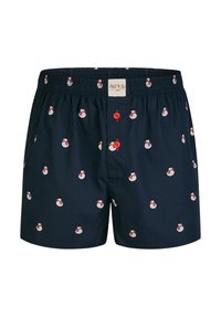 Boxer di colore blu navy realizzati in cotone, caratterizzati da un motivo di pupazzi di neve ripetuto, una vita elasticizzata e dettagli in bottone rosso.