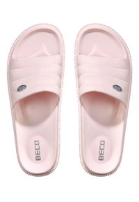 Sandales à glissière rose clair avec trois brides texturées, une semelle intérieure lisse et une semelle nervurée. Avec un logo « BECO » sur le côté.