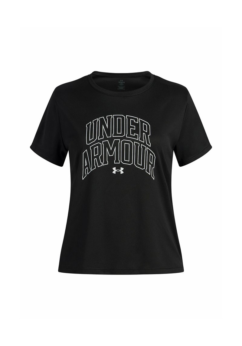 Black short-sleeve t-shirt made of smooth fabric, featuring "UNDER ARMOUR" in bold white lettering across the front, round neckline.