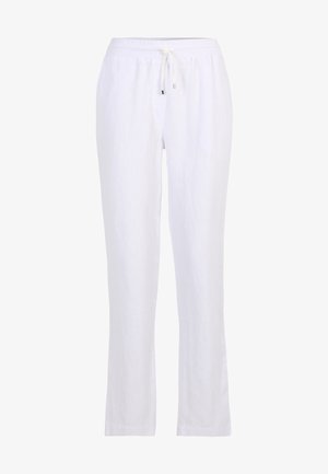 White linen pants with straight legs, elastic waistband, and combined drawstring. The fabric has a soft texture and lightweight appearance.