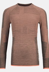 Long-sleeve thermal shirt in shades of brown and gray, featuring a round neckline, textured fabric, and contrast orange accent at the hem.