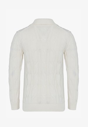 Weißer Pullover mit Zopfmuster, langen Ärmeln, Rippbündchen an Ärmelenden, Saum und Kragen, von hinten vor einem einfarbigen Hintergrund dargestellt.