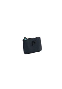 Piccola borsa nera in pelle con chiusura a zip, caratterizzata da un accento turchese e logo impresso sul davanti. Superficie testurizzata.