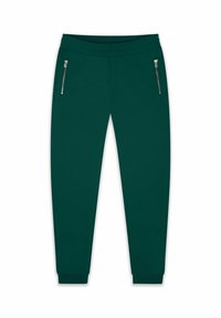Grønne joggebukser laget av myk stoff, med snøring i livet, to glidelåslommer på sidene, og ribbestrikkede mansjetter ved anklene.