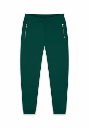 Grüne Jogginghosen aus weichem Stoff, mit einem Kordelzugbund, zwei seitlichen Reißverschluss-Taschen und gerippten Bündchen an den Knöcheln.