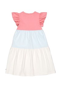 Farbenblockiertes Kleid mit pinkem Oberteil, Rüschensleeves, blauem Mittelteil und weißem Rock. Weicher Stoff mit geraffter Textur am Rock.