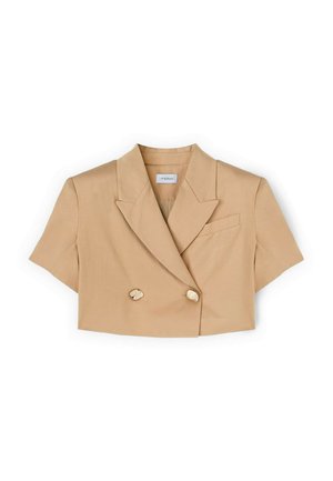 Beiger kurz geschnittener doppelreihiger Blazer mit kurzen Ärmeln, notched Revers, zwei goldfarbenen Knöpfen und einer Brusttasche.