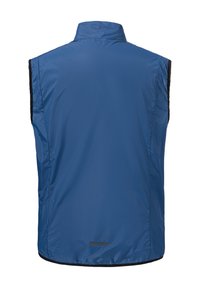 Blaues ärmelloses Oberteil aus leichtem Stoff, mit hohem Kragen und schwarzen Seitenpanels. Glatte Textur mit reflektierenden Details am Saum.