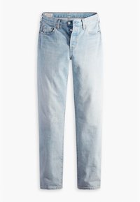 Jean en denim bleu clair avec une coupe droite, doté d'une braguette à boutons, de cinq poches et d'une texture légèrement usée.