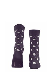 Chaussettes en coton violet avec un motif en diamant orné de petits motifs de tasse à thé blanche. Texture douce avec un bout et un talon renforcés.