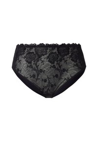 Zwarte kant hoge taille slipjes met geborduurde bloemmotieven, semi-doorzichtig materiaal en een gegolfde kantafwerking langs de tailleband.