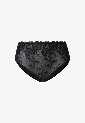 Schwarze Spitzen-Höschen mit hoher Taille, verziert mit gestickten Blumenmustern, halbtransparentem Material und einem gewellten Spitzenrand entlang des Taillenbundes.