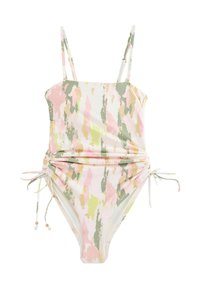 Maillot de bain une pièce avec bretelles réglables, arborant un motif abstrait rose, vert et doré, et un ruché latéral avec des détails de lien.
