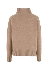 Beige gestrickter Pullover mit einem hohen Rippkragen, Rippbündchen und einer lockeren Passform. Die Textur ist weich und leicht flauschig.