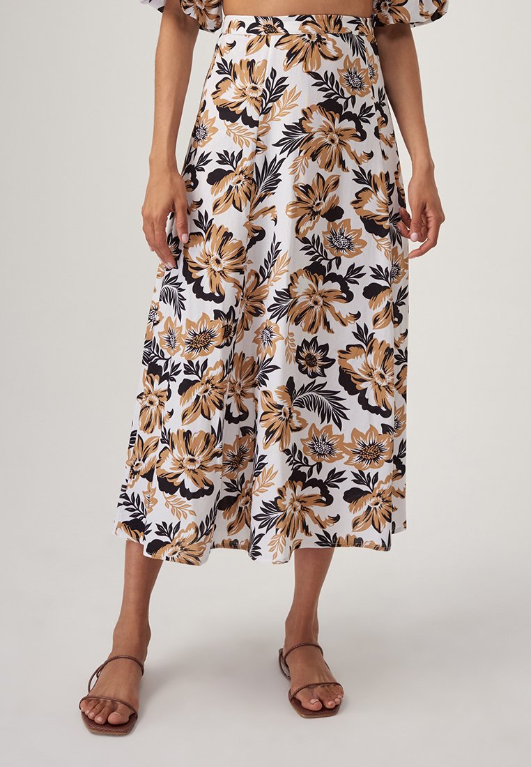 Jupe Trapèze En Lin Beige Terre De Marins Taille 44 - Brodée Fleurs Et Logo - Neuve Avec étiquettes