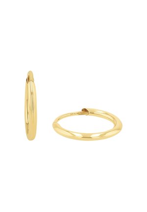 Goldene Creolen mit einer glatten, glänzenden Oberfläche. Kreisförmiges Design mit sicherem Verschluss. Leicht und minimalistisches Design.