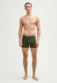 Olive zöld boxer alsónadrág fekete derékszíjjal, amelyen a "TOM TAILOR" logó található, testhez simuló kialakítás, sima anyagból készült. Egy álló férfi modell viseli.