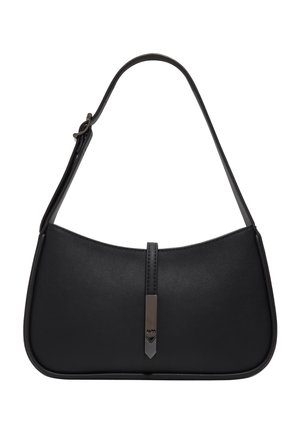 Sac d'épaule en cuir noir avec une courte bandoulière et une fermeture verticale centrale en métal ornée d'un détail décoratif.