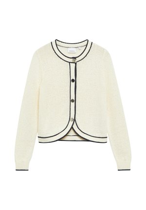 Kremowy dzianinowy kardigan z czarną lamówką wzdłuż brzegów, okrągłym dekoltem i czterema guzikami z przodu, lekko zaokrąglony dół.