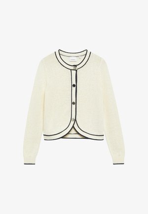 Kremowy dzianinowy kardigan z czarną lamówką wzdłuż brzegów, okrągłym dekoltem i czterema guzikami z przodu, lekko zaokrąglony dół.