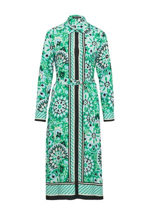 Sukienka z długim rękawem z zielonym kwiatowym wzorem, czarnymi akcentami, kołnierzykiem oraz paskiem do zawiązania w talii.