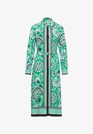 Sukienka z długim rękawem z zielonym kwiatowym wzorem, czarnymi akcentami, kołnierzykiem oraz paskiem do zawiązania w talii.