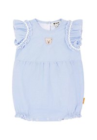 Abito a righe blu leggero con maniche arricciate, caratterizzato da un patch a forma di orso sul petto e un orlo raccolto con bottoni a pressione in basso.