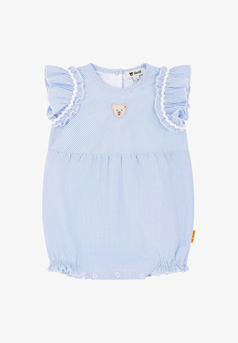 Abito a righe blu leggero con maniche arricciate, caratterizzato da un patch a forma di orso sul petto e un orlo raccolto con bottoni a pressione in basso.