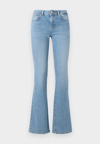 Light blue flared jeans with a high waist, made from denim. Features five pockets and a button clasp. Smooth texture with slight fading.