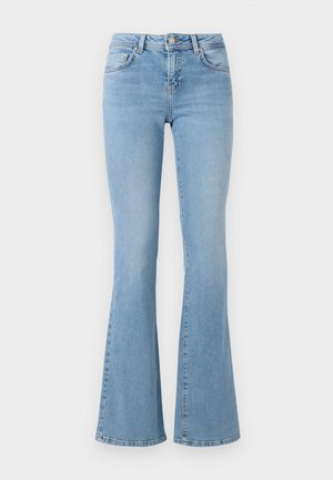 Ljusblå utsvängda jeans med hög midja, tillverkade av denim. Har fem fickor och knappstängning. Slät textur med lätt urblekt effekt.