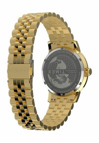 Arany színű rozsdamentes acél óra fémből készült hálós szíjjal, kerek tokjával és szürke hátlappal, amelyen világ térkép mintázat és márkaneves gravírozás található.