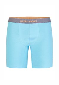 Helles blaues Boxershorts mit einem grauen elastischen Taillenbund, der den Text "HAPPY SHORTS" trägt. Mittellanges Design mit glattem Stofftextur.