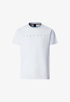 White cotton t-shirt with short sleeves, crew neck, and a dark blue logo "HACKETT" printed across the chest in uppercase lettering.
