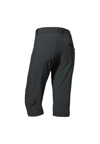 Pantalones capri en gris oscuro, hechos de una tela ligera, con dos bolsillos traseros y un bolsillo lateral con cremallera, y dobladillos enrollados para un aspecto ajustado.