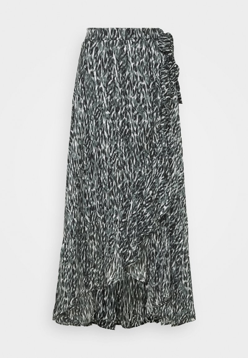 Jupe midi à motifs noir et blanc avec un détail volanté sur le côté, une taille élastique et une structure en tissu fluide.