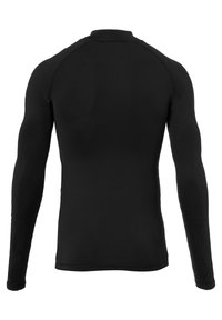 Maglietta nera a maniche lunghe realizzata in tessuto elastico, con collo rotondo e design aderente, caratterizzata da dettagli senza cuciture sulle spalle.