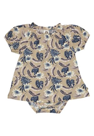 Romp in beige a maniche corte con un motivo floreale caratterizzato da fiori blu e crema, scollatura arricciata e chiusura a scatto nella parte inferiore.