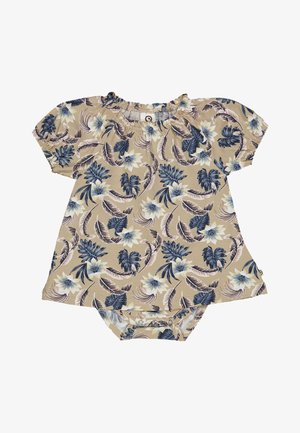 Lyhythihainen rompa beige kukkapainatuksella, jossa on sinisiä ja kermaisia kukkia, kokoontuva pääntie ja napitus alas.