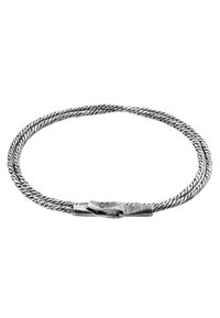 Silver braided bracelet featuring a textured design with a smooth clasp. The two strands intertwine, creating a layered effect.