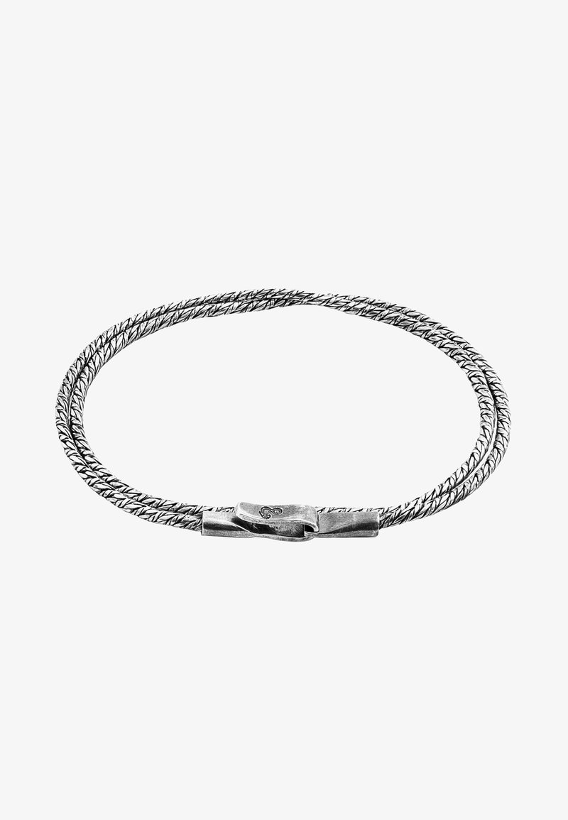 Silver braided bracelet featuring a textured design with a smooth clasp. The two strands intertwine, creating a layered effect.