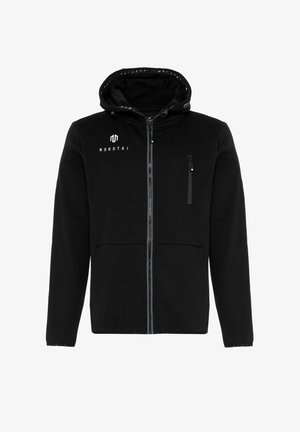 Sort zip-up hoodie lavet af blødt stof, med en foret hætte, en lynlåslomme på brystet, og logoet "MOROTAI" på venstre skulder.