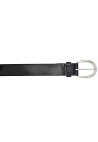 Cinturón de cuero negro con acabado brillante, que cuenta con una hebilla circular plateada y una textura lisa y elegante. Longitud ajustable estándar.