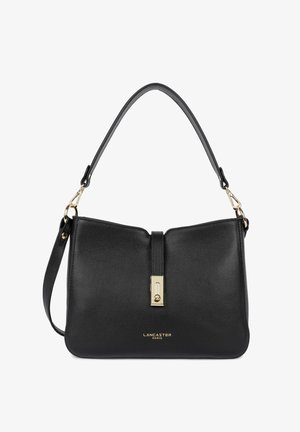 Zwarte leren Lancaster Paris handtas met een goudkleurige sluiting, een gebogen bovenhandvat en een afneembare schouderriem.