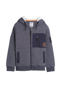 Grijze rits-hoodie met een zachte witte voering, navy accentzak, verstelbare trekkoordcapuchon en geribbelde boorden; voorzien van logo-detail op de zak.