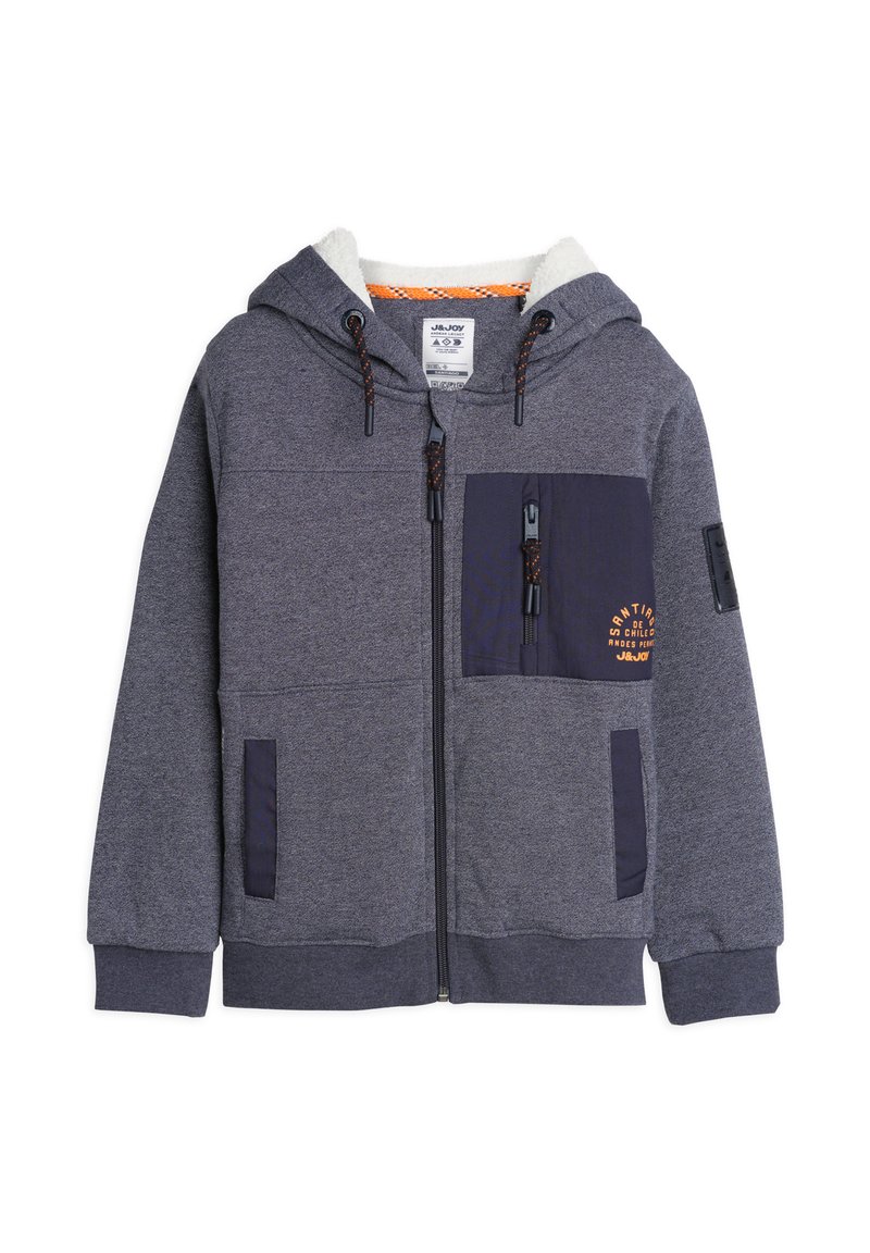 Grijze rits-hoodie met een zachte witte voering, navy accentzak, verstelbare trekkoordcapuchon en geribbelde boorden; voorzien van logo-detail op de zak.