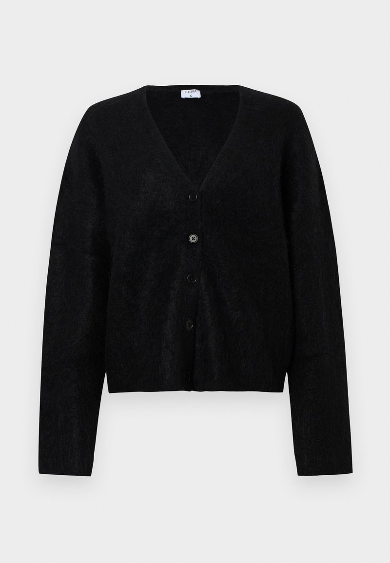 Cardigan nero realizzato in tessuto testurizzato, caratterizzato da un collo a V, bottoni frontali e maniche lunghe. Design semplice senza motivi o accenti.