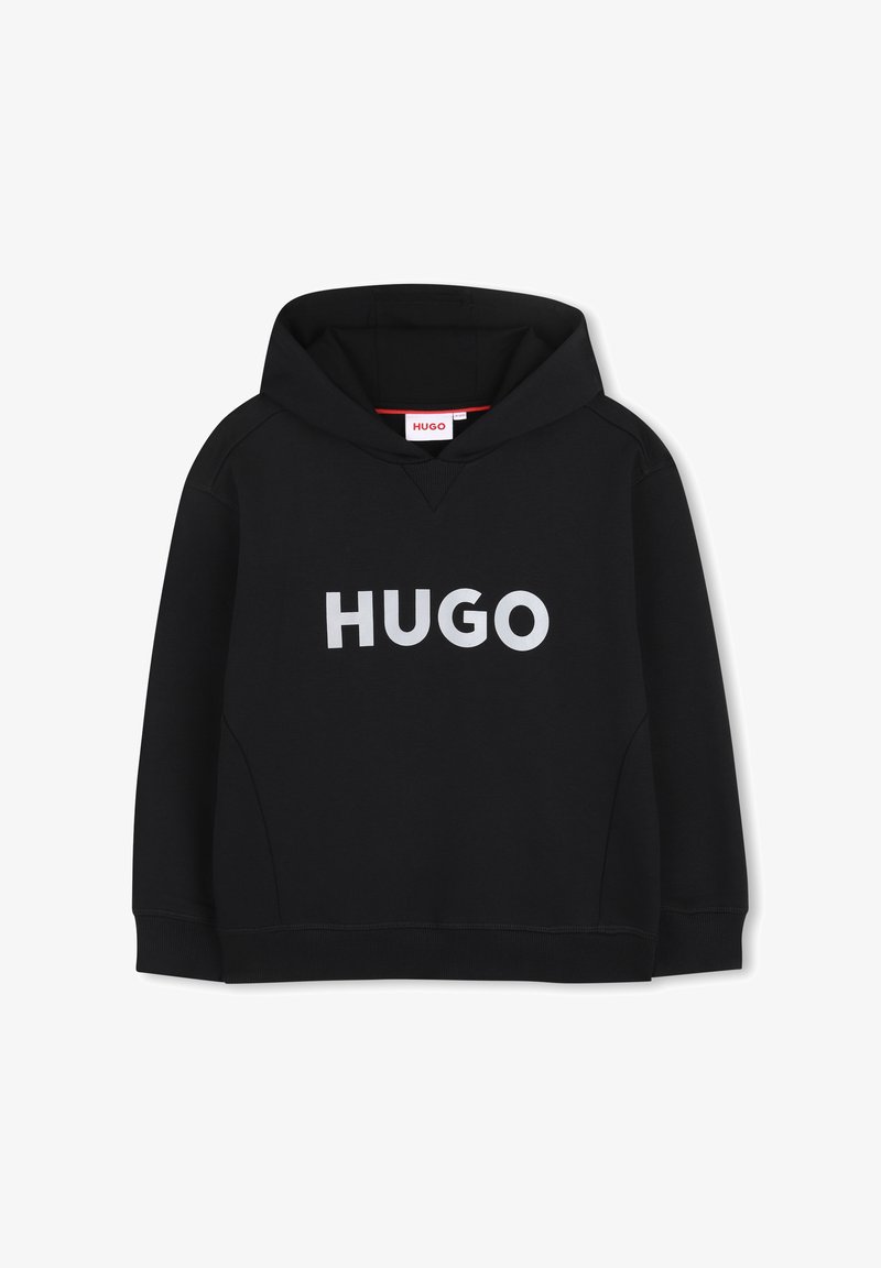 Sweat à capuche noir en tissu mélange de coton, avec une poche kangourou et un grand logo blanc "HUGO" sur le devant. Matière douce et texturée.